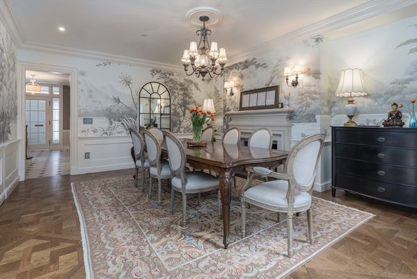 Chandelier, Dining room, Fireplace, Interior, Recessed Lighting, Wood Texture Flooring