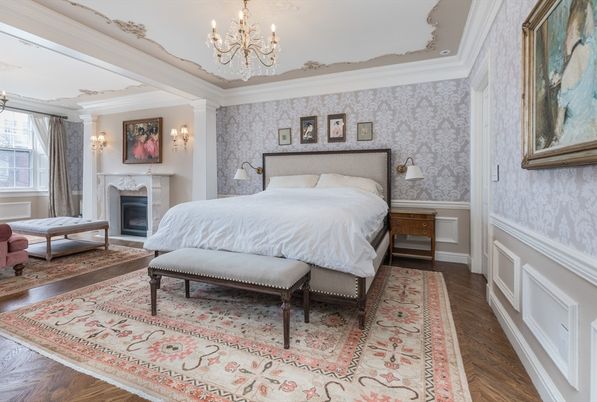 Bedroom, Chandelier, Fireplace, Interior, Wood Texture Flooring