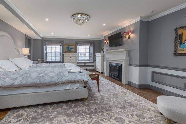 Bedroom, Fireplace, Interior, Recessed Lighting, Wood Texture Flooring