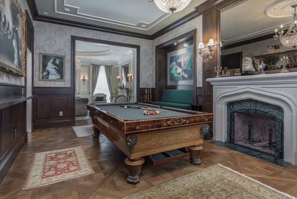 Billiard Table, Chandelier, Fireplace, Game Room, Interior, Recessed Lighting, Wood Texture Flooring