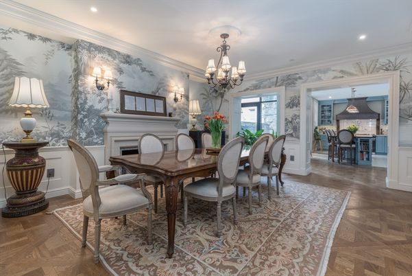 Chandelier, Dining room, Fireplace, Interior, Recessed Lighting, Wood Texture Flooring