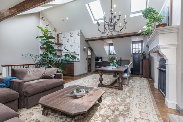 Chandelier, Fireplace, Interior, Living room, Recessed Lighting, Wooden Beams, Wood Texture Flooring