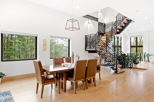 Dining room, Interior, Pendant Lights, Recessed Lighting, Wood Texture Flooring