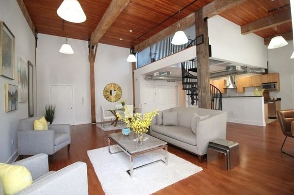 Interior, Kitchen, Living room, Pendant Lights, Recessed Lighting, Stainless Steel Appliances, Wooden Beams, Wooden Ceilings, Wood Texture Flooring