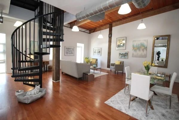Dining room, Interior, Living room, Pendant Lights, Wooden Beams, Wooden Ceilings, Wood Texture Flooring