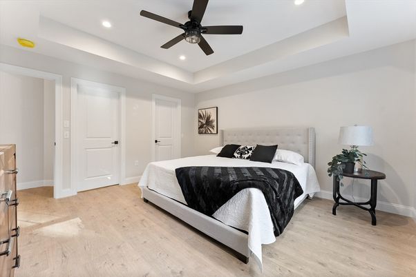 Bedroom, Interior, Recessed Lighting, Wood Texture Flooring