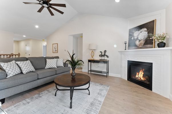 Fireplace, Interior, Living room, Recessed Lighting, Wood Texture Flooring