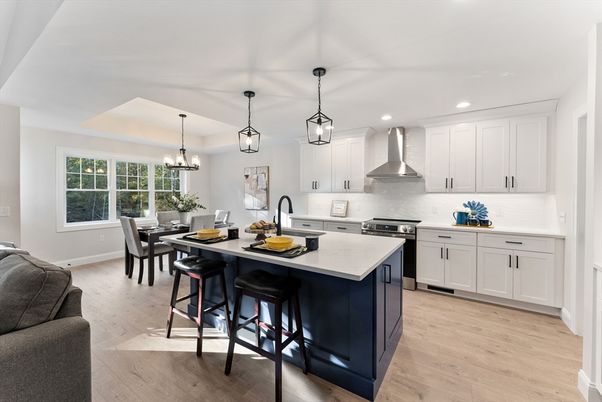 Chandelier, Dining room, Interior, Kitchen, Pendant Lights, Recessed Lighting, Stainless Steel Appliances, Wood Texture Flooring