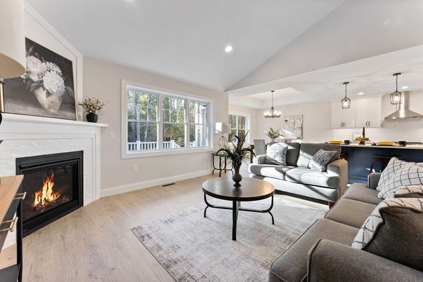 Dining room, Fireplace, Interior, Kitchen, Living room, Pendant Lights, Recessed Lighting, Wood Texture Flooring