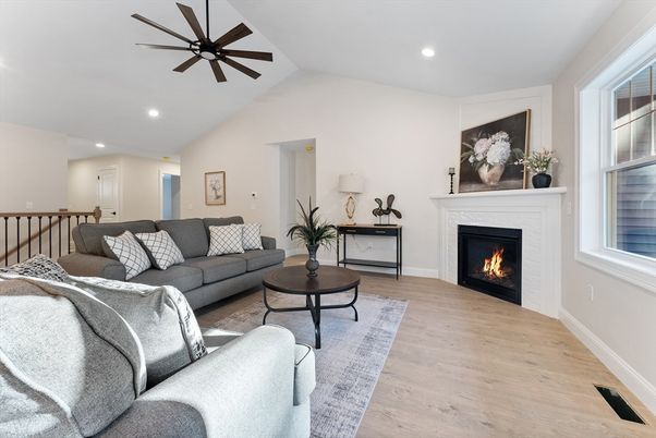 Fireplace, Interior, Living room, Recessed Lighting, Wood Texture Flooring