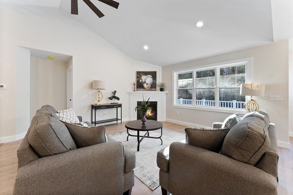 Fireplace, Interior, Living room, Recessed Lighting, Wood Texture Flooring