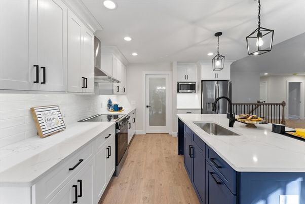 Interior, Kitchen, Pendant Lights, Recessed Lighting, Stainless Steel Appliances, Wood Texture Flooring