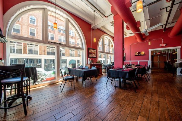 Dining room, Interior, Pendant Lights, Wood Texture Flooring