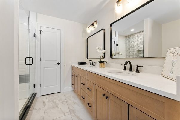 Bathroom, Dual Sink Vanities, Glass Shower, Interior, Marble, Recessed Lighting