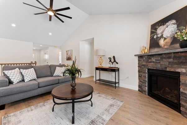 Fireplace, Interior, Living room, Recessed Lighting, Wood Texture Flooring
