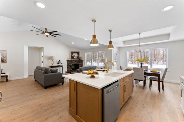 Dining room, Fireplace, Interior, Kitchen, Living room, Pendant Lights, Recessed Lighting, Wood Texture Flooring