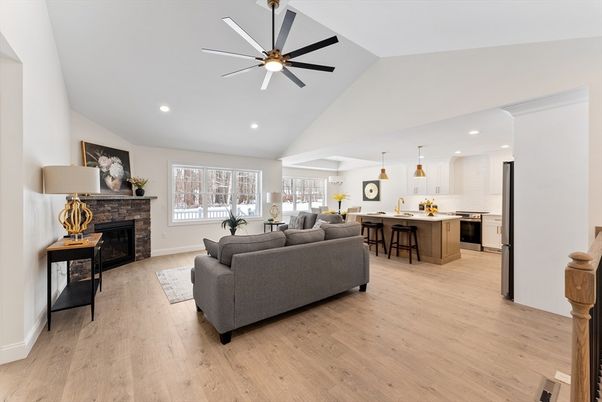 Fireplace, Interior, Kitchen, Living room, Pendant Lights, Recessed Lighting, Wood Texture Flooring