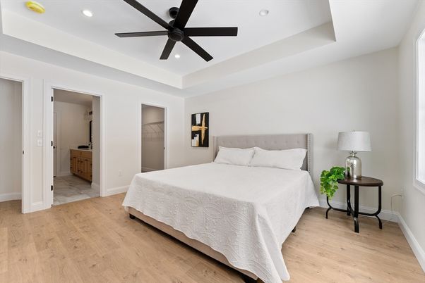 Bedroom, Interior, Recessed Lighting, Wood Texture Flooring