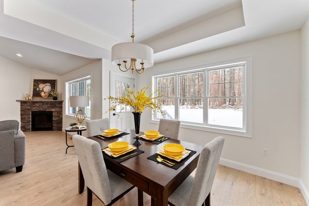Chandelier, Dining room, Fireplace, Interior, Recessed Lighting, Wood Texture Flooring