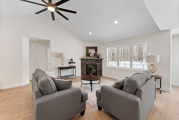 Fireplace, Interior, Living room, Recessed Lighting, Wood Texture Flooring