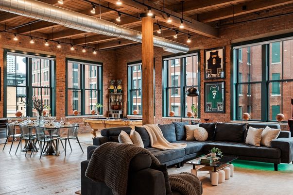 Billiard Table, Game Room, Interior, Living room, Pendant Lights, Stone Walls, Wooden Beams, Wooden Ceilings, Wood Texture Flooring
