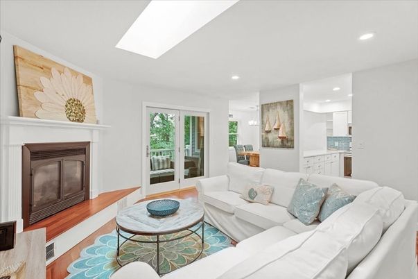 Fireplace, Interior, Kitchen, Living room, Recessed Lighting, Wood Texture Flooring