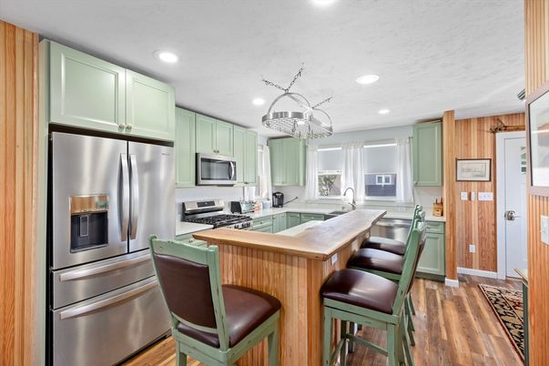 Chandelier, Interior, Kitchen, Recessed Lighting, Stainless Steel Appliances, Wood Texture Flooring