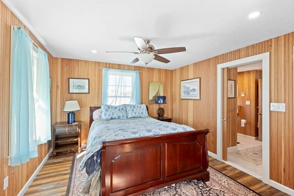 Bedroom, Interior, Recessed Lighting, Wood Texture Flooring, Wooden Walls