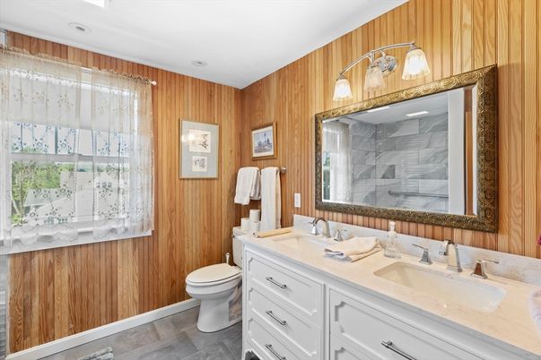 Bathroom, Dual Sink Vanities, Interior, Recessed Lighting, Wooden Walls