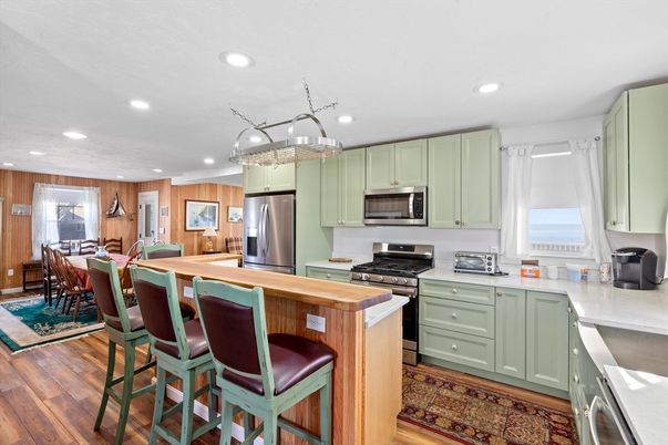 Dining room, Interior, Kitchen, Recessed Lighting, Stainless Steel Appliances, Wood Texture Flooring