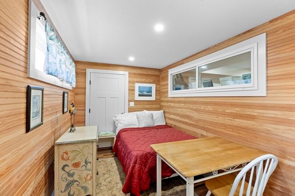Bedroom, Interior, Recessed Lighting, Wood Texture Flooring, Wooden Walls