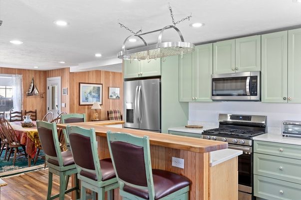Dining room, Interior, Kitchen, Recessed Lighting, Stainless Steel Appliances, Wood Texture Flooring
