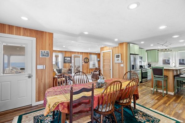 Dining room, Interior, Kitchen, Recessed Lighting, Stainless Steel Appliances, Wood Texture Flooring, Wooden Walls