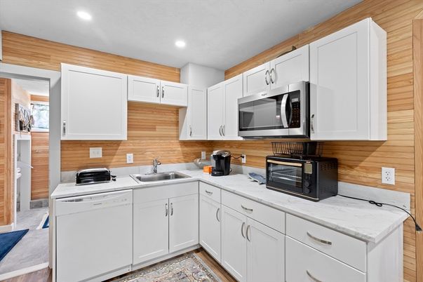 Interior, Kitchen, Recessed Lighting, Wood Texture Flooring, Wooden Walls