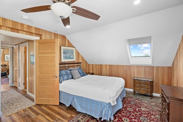 Bedroom, Interior, Recessed Lighting, Wood Texture Flooring, Wooden Walls