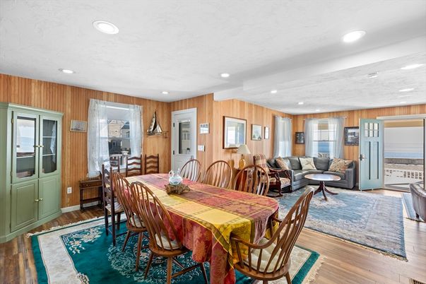 Dining room, Interior, Living room, Recessed Lighting, Wood Texture Flooring, Wooden Walls