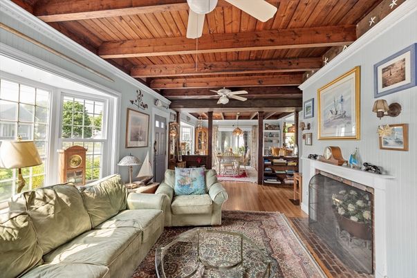 Dining room, Fireplace, Interior, Living room, Wooden Beams, Wooden Ceilings, Wood Texture Flooring