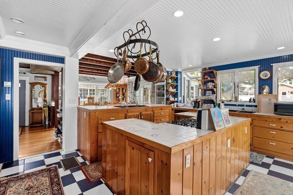 Interior, Kitchen, Recessed Lighting, Tile Countertops, Wooden Beams, Wood Texture Flooring