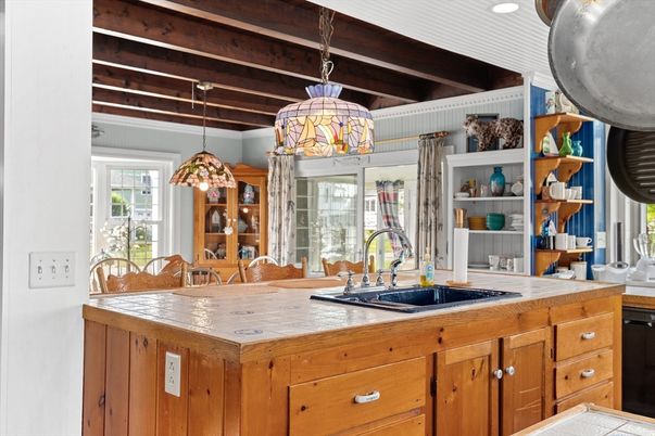 Dining room, Interior, Kitchen, Pendant Lights, Recessed Lighting, Tile Countertops, Wooden Beams