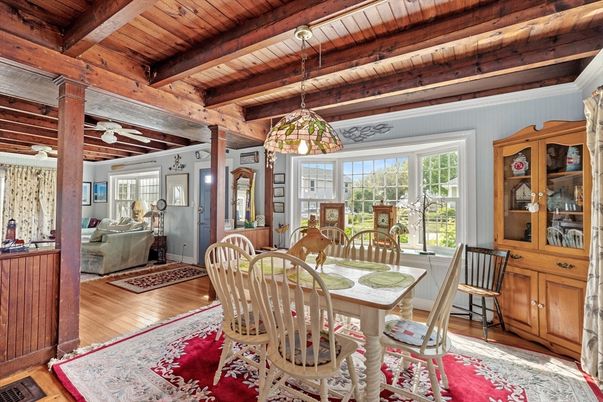 Dining room, Interior, Pendant Lights, Wooden Beams, Wooden Ceilings, Wood Texture Flooring