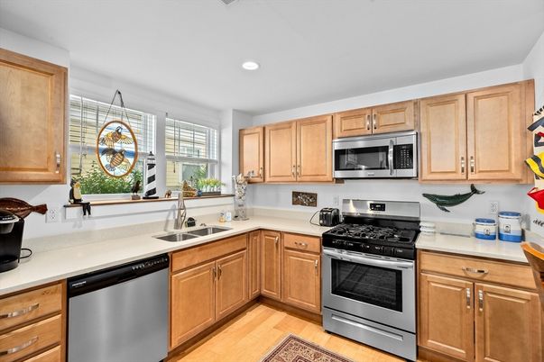 Interior, Kitchen, Recessed Lighting, Stainless Steel Appliances, Wood Texture Flooring
