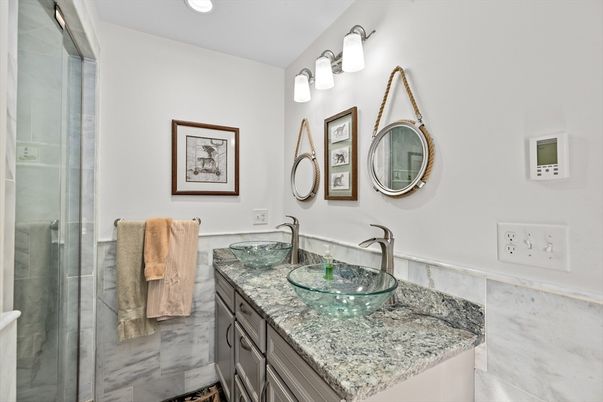 Bathroom, Dual Sink Vanities, Glass Shower, Interior, Recessed Lighting