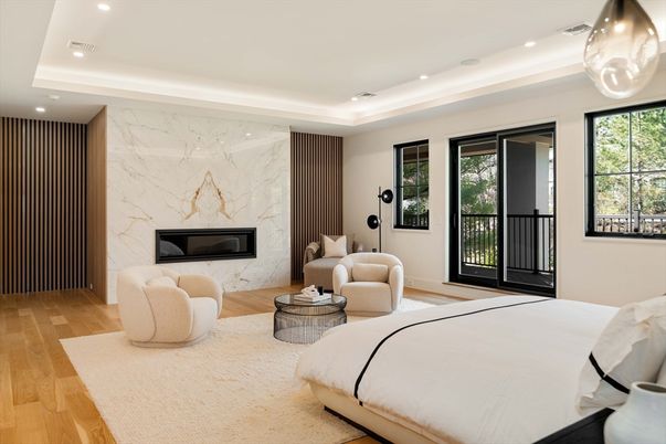 Bedroom, Fireplace, Interior, Marble Walls, Recessed Lighting, Wood Texture Flooring