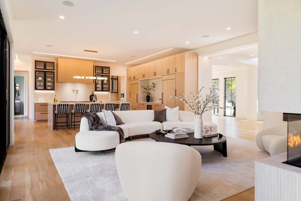 Fireplace, Interior, Kitchen, Living room, Pendant Lights, Recessed Lighting, Wood Texture Flooring