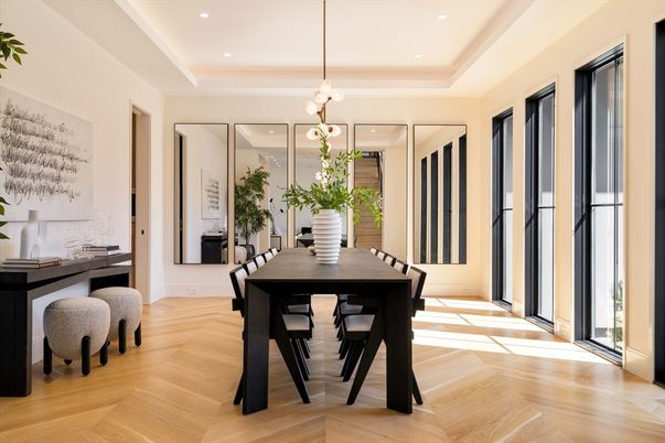 Dining room, Interior, Pendant Lights, Recessed Lighting, Wood Texture Flooring