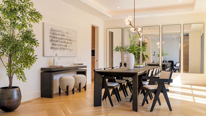Dining room, Interior, Pendant Lights, Recessed Lighting, Wood Texture Flooring