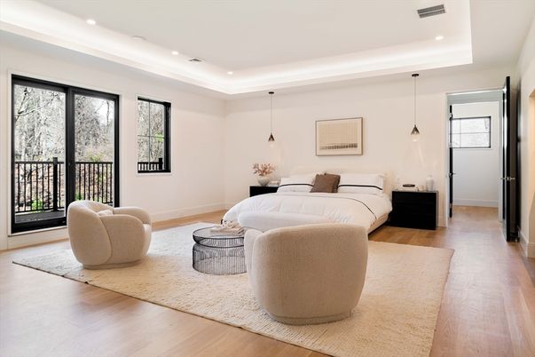 Bedroom, Interior, Pendant Lights, Recessed Lighting, Wood Texture Flooring