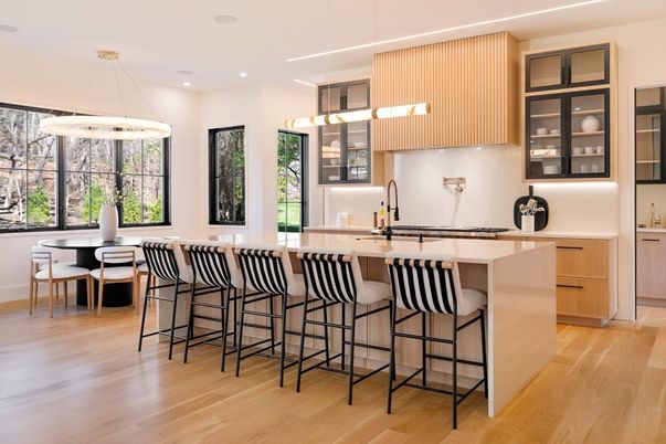 Dining room, Interior, Kitchen, Pendant Lights, Recessed Lighting, Wood Texture Flooring