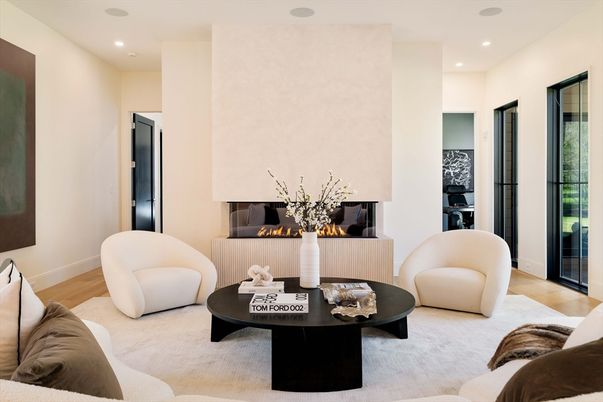 Fireplace, Interior, Living room, Recessed Lighting, Wood Texture Flooring