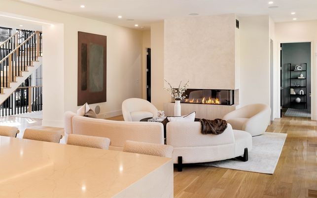 Dining room, Fireplace, Interior, Living room, Recessed Lighting, Wood Texture Flooring